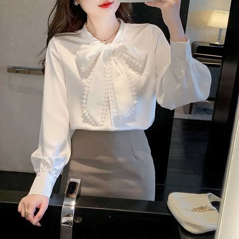 Butterfly Knot Chiffon Shirt for Women New Style Stylish Long Sleeved Lace Bottom Shirt Top