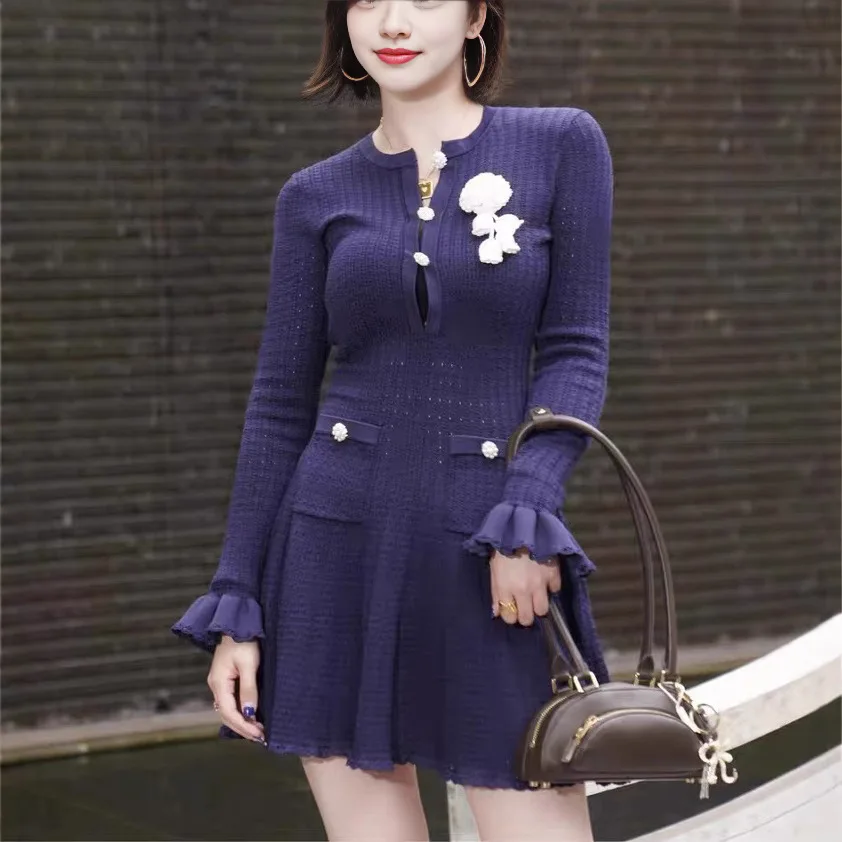 Dark Blue Hollow Ruffle Dress Long Sleeve Office Ladies Elegant Mini Dress