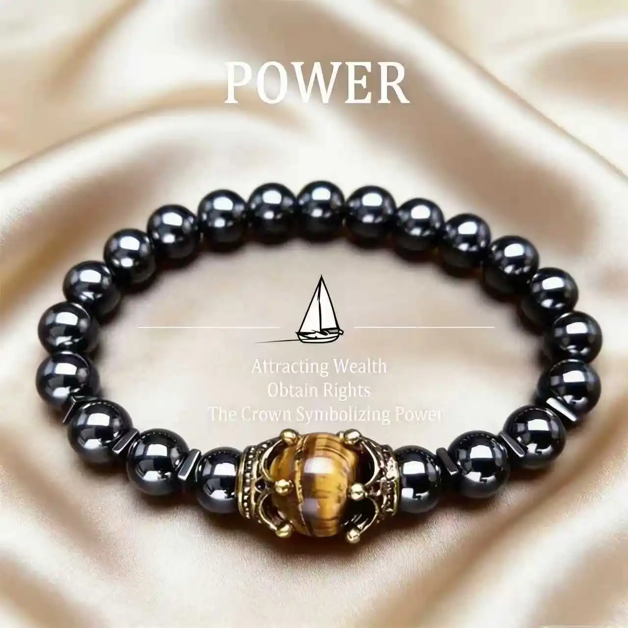 

Men's Stylish Natural Stone Bracelet Vintage Crown Symbol of Power Hematite Beads Gift for Friends Natural Tiger Eye beads
