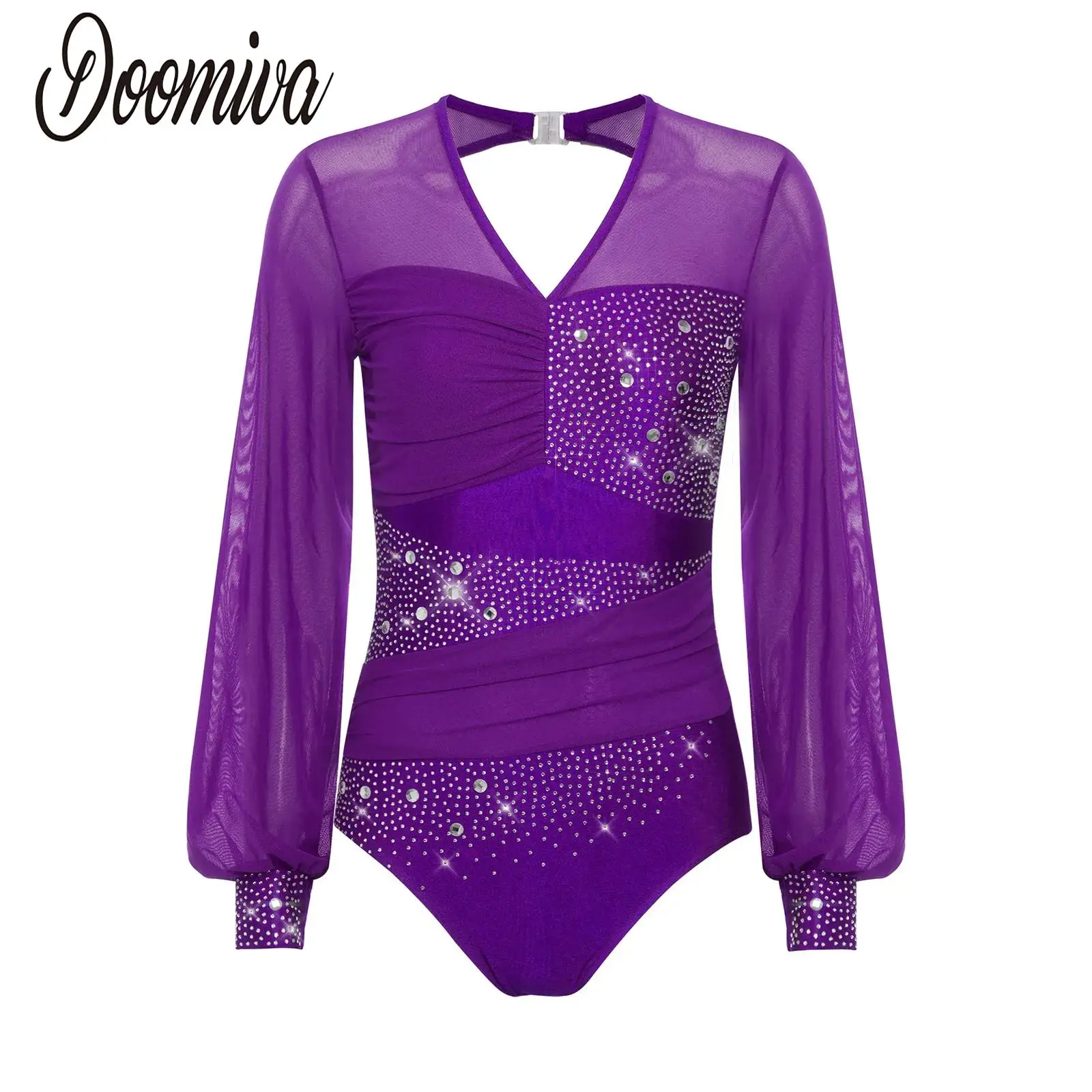 

Women Jazz Dance Bodysuits Shirts Sheer Mesh Long Sleeve Ruched Leotards Jumpsuit for Ballet Figuring Skating Tango Latin Dance