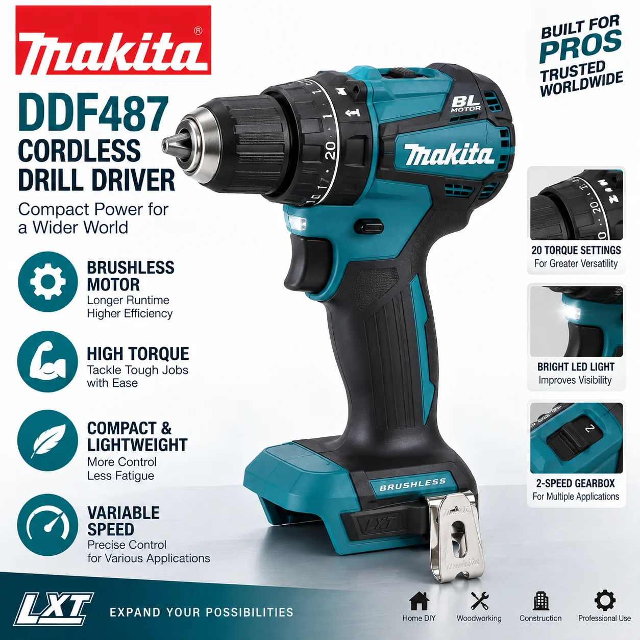 Para el taladro atornillador inalámbrico Makita DDF487 de 18 V, serie LXT, con motor sin escobillas, diseño compacto y ligero, alto par