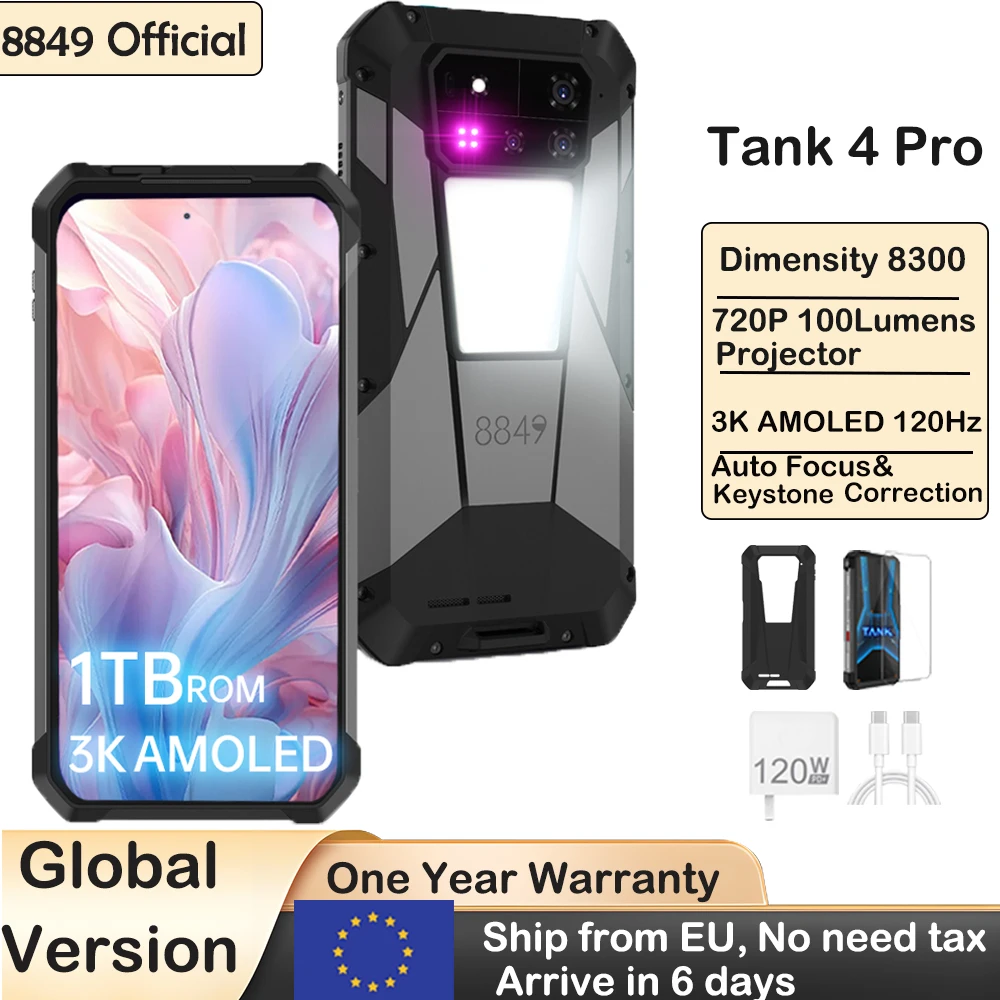 8849 Tank 4 Pro Unihertz 5G Rugged Projector Smartphone 1TB 36G Android 14 Sports Phone 11600mAh Dimensity 8300 AMOLED 120HZ