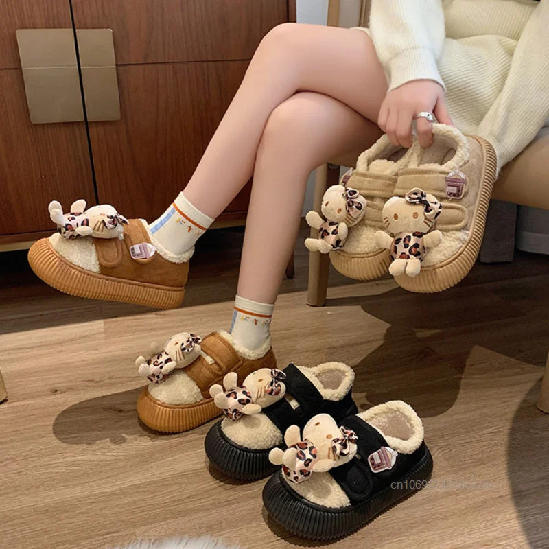 Sanrio Hello Kitty Cute Thick Soled Plush Shoes Kawaii Fashion Anti Slip Cotton Slippers Women Winter Warm Versatile Home Shoes