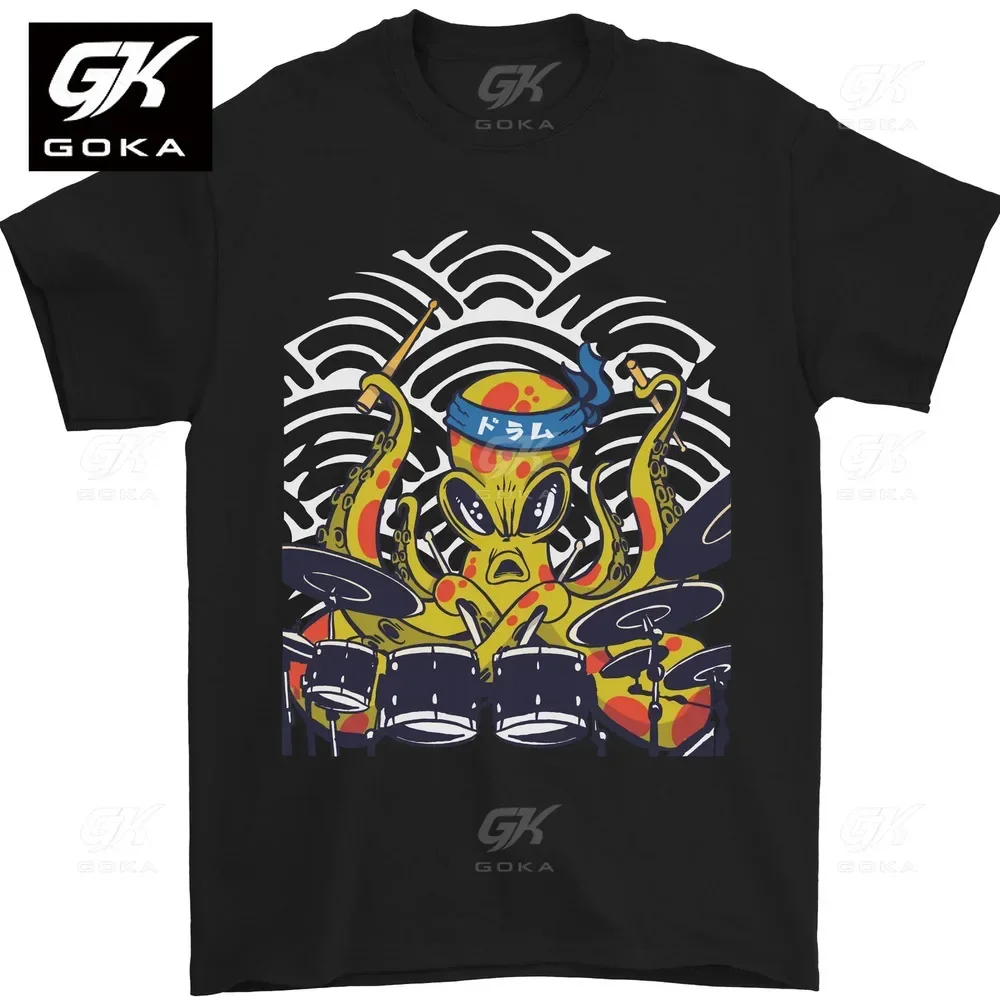 Japanese Octopus Drummer Drumming Drums Graphic Mens  Cotton T-Shirt Women Vintage Printed T-shirt Clothes Classic Tshirt