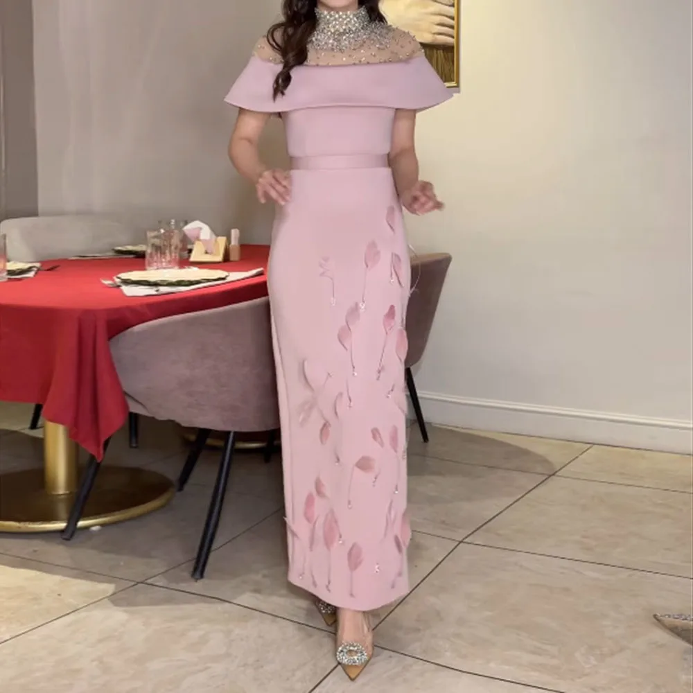 

Customized Straight Evening Dresses Ankle-length High-neck Sleeveless Prom Gown Fashion Crystal Beading Feathers Party Gown