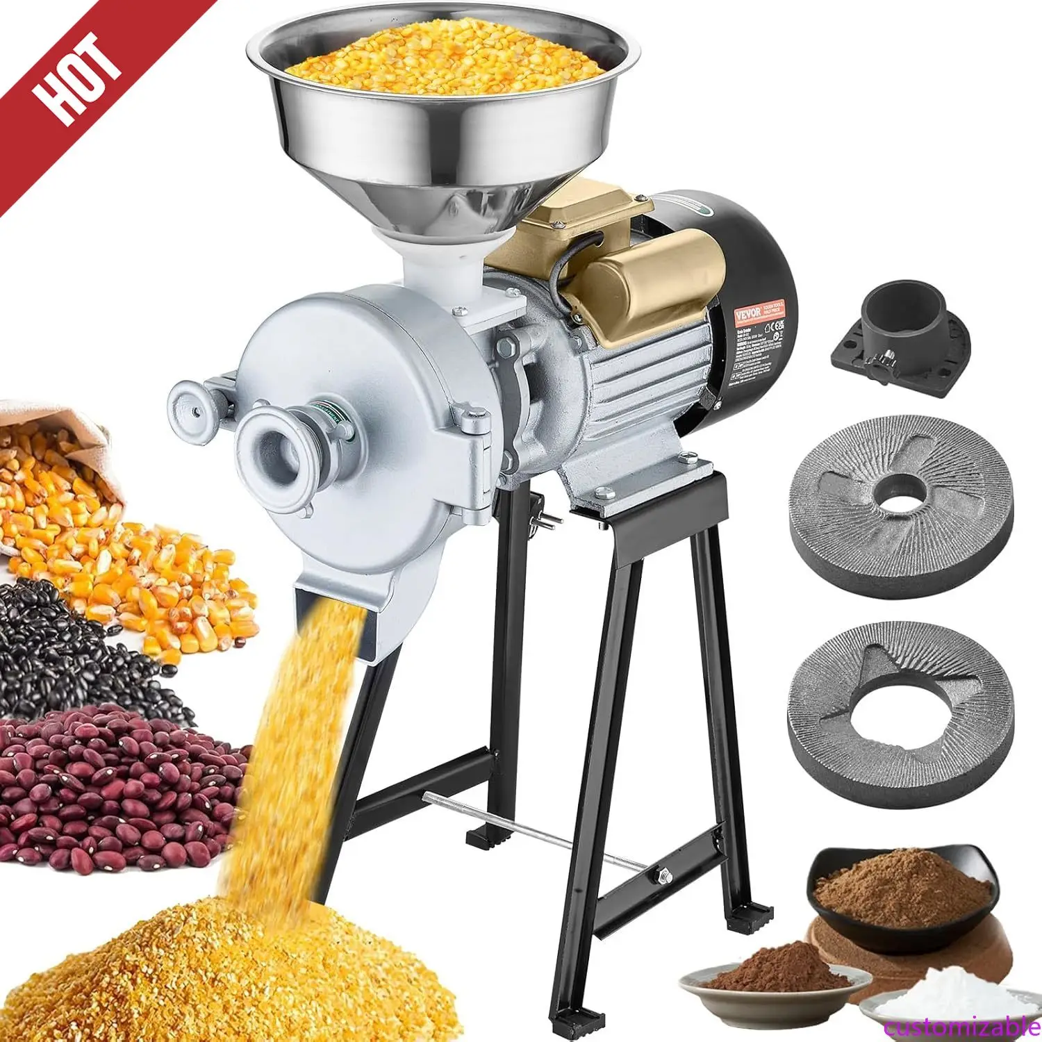 

НОВАЯ электрическая мельница для зерна, измельчители специй мощностью 3000 Вт, коммерческая кукурузная мельница с воронкой, машина для порошка с регулируемой толщиной