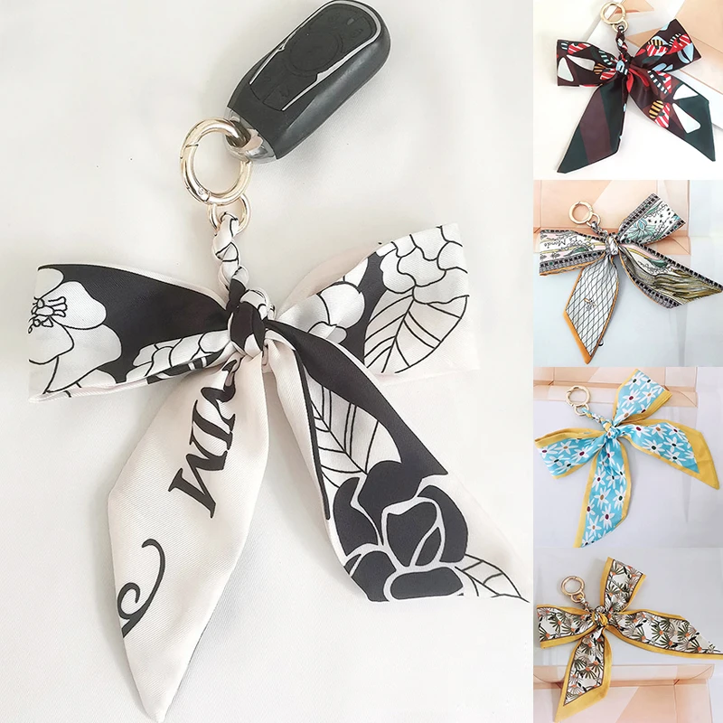 New Camellia Blossom Silk Scarf Bow Keychain Pendant Fresh Korean Edition Girls\' Bag Pendant Car Keychain