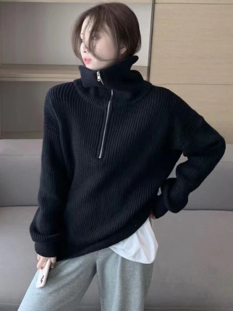 Women Fashion Loose Solid color Asymmetry Knitted Sweaters Vintage Long Sleeve Zip-up Female Pullovers Chic Lapel Tops