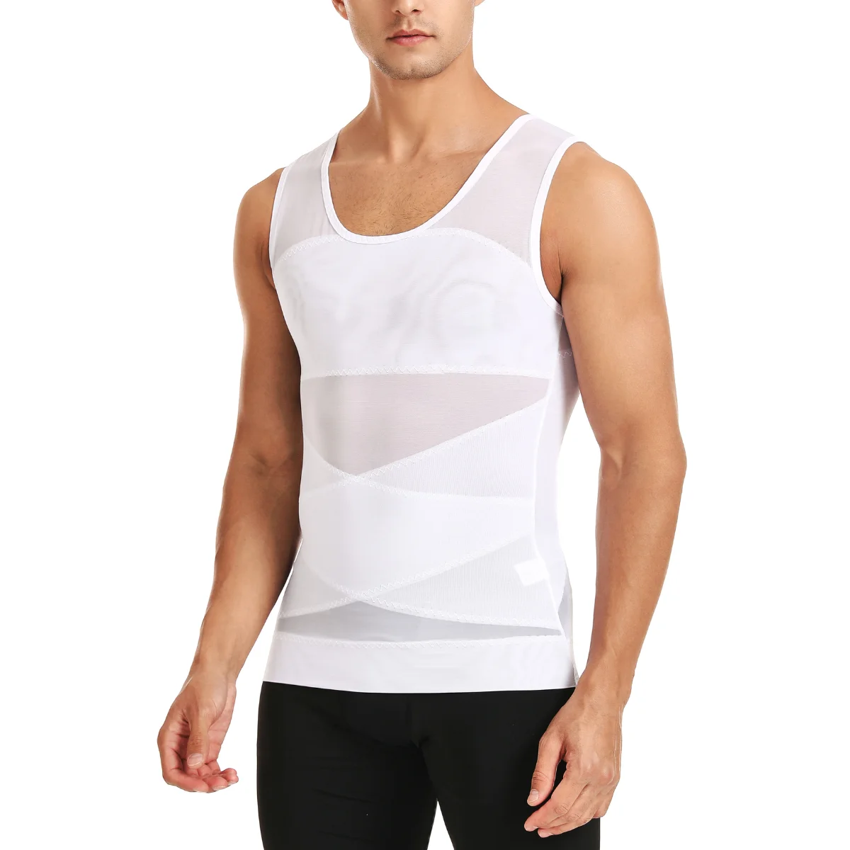 

Мужская компрессионная майка-боди с круглым вырезом без рукавов, сетчатая, для коррекции груди и живота, эластичная в 4 направлениях, спортивная утягивающая одежда