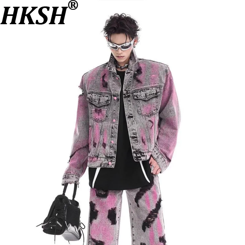 

HKSH Autumn New Men Tide Skinny Waste Land Style Distressed Denim Jacket Korean High Street Graffiti Washed Retro Jeans HK15330
