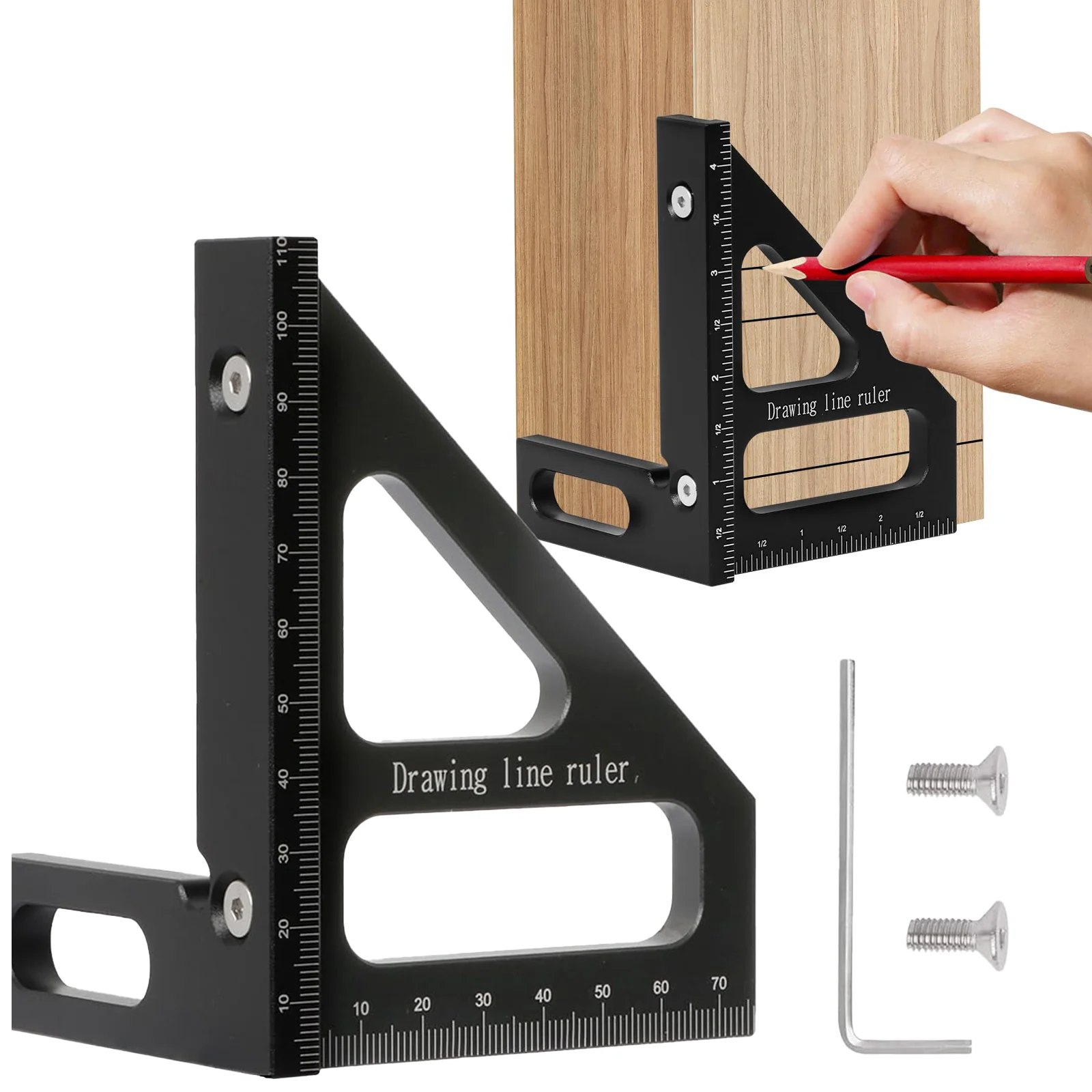 Multi-Angle Measuring Ruler, Aluminum Alloy Angle Measuring Tool for Woodworking, Degree Right Angle Ruler with Marking Function