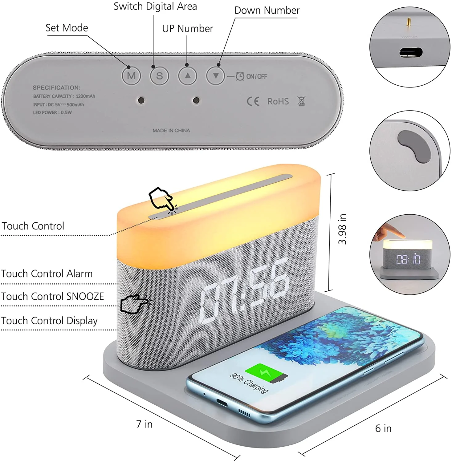Fast Wireless Charging Digital Alarm Clock Night Light Bedside USB Charger Touch Reading Light Adjustable Brightness for Snooze