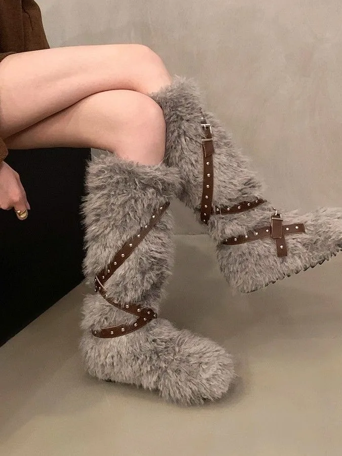 

Высокие рыцарские сапоги Thiened Fce на подкладке, женские осенне-зимние теплые зимние сапоги Fur oes Cotton oes, корейские сапоги до середины икры