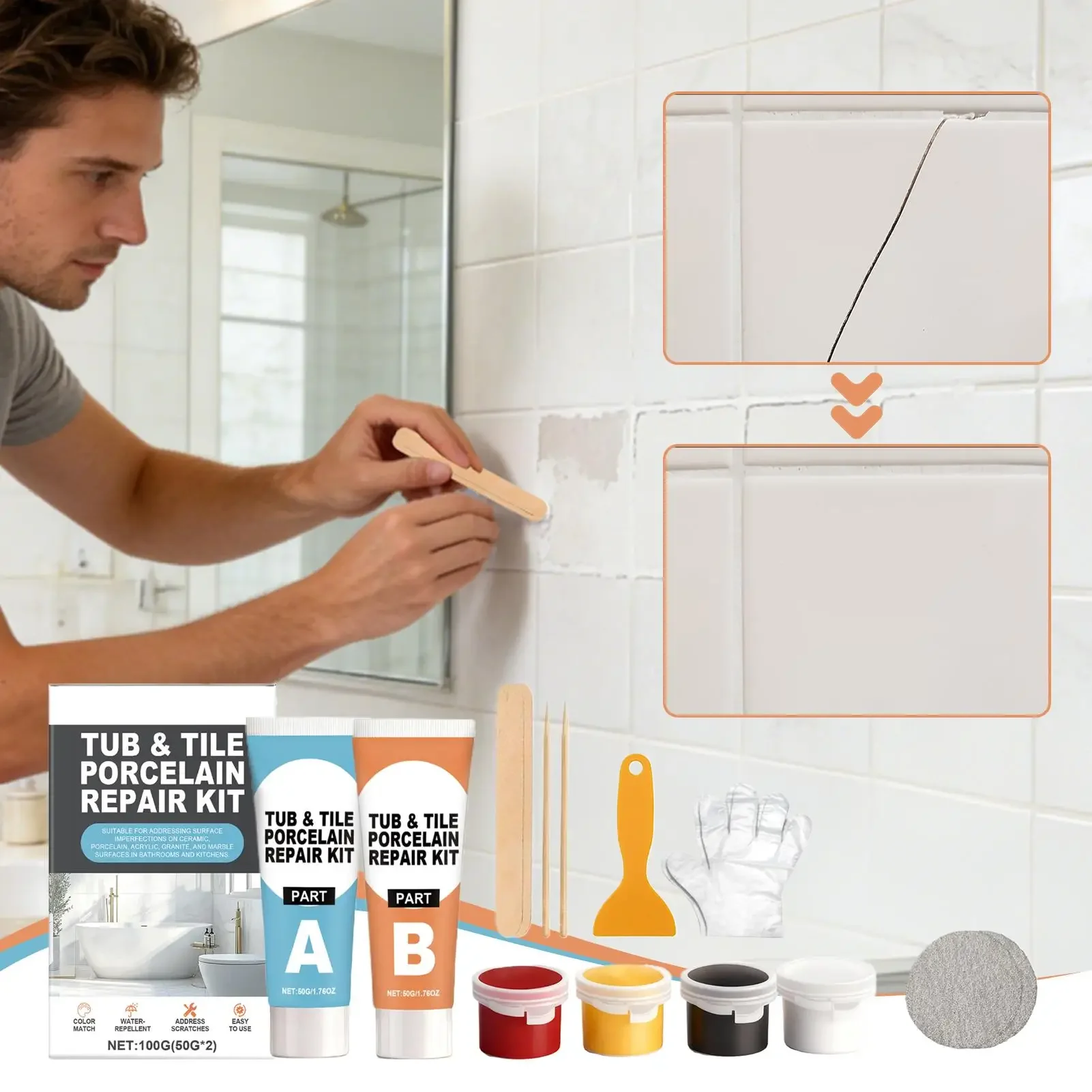 Cracked Porcelain Sink Repair Kit Waterproof Tub Chip Refinishing Tool Tub and Repair Tile Kit for Granite Resin Marble Quartz