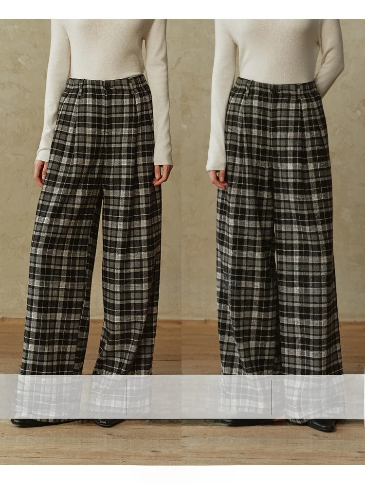 

Шерстяные брюки COOBLOOM свободного прямого кроя в клетку, осенне-зимняя новинка, струящиеся широкие повседневные брюки с высокой талией для женщин