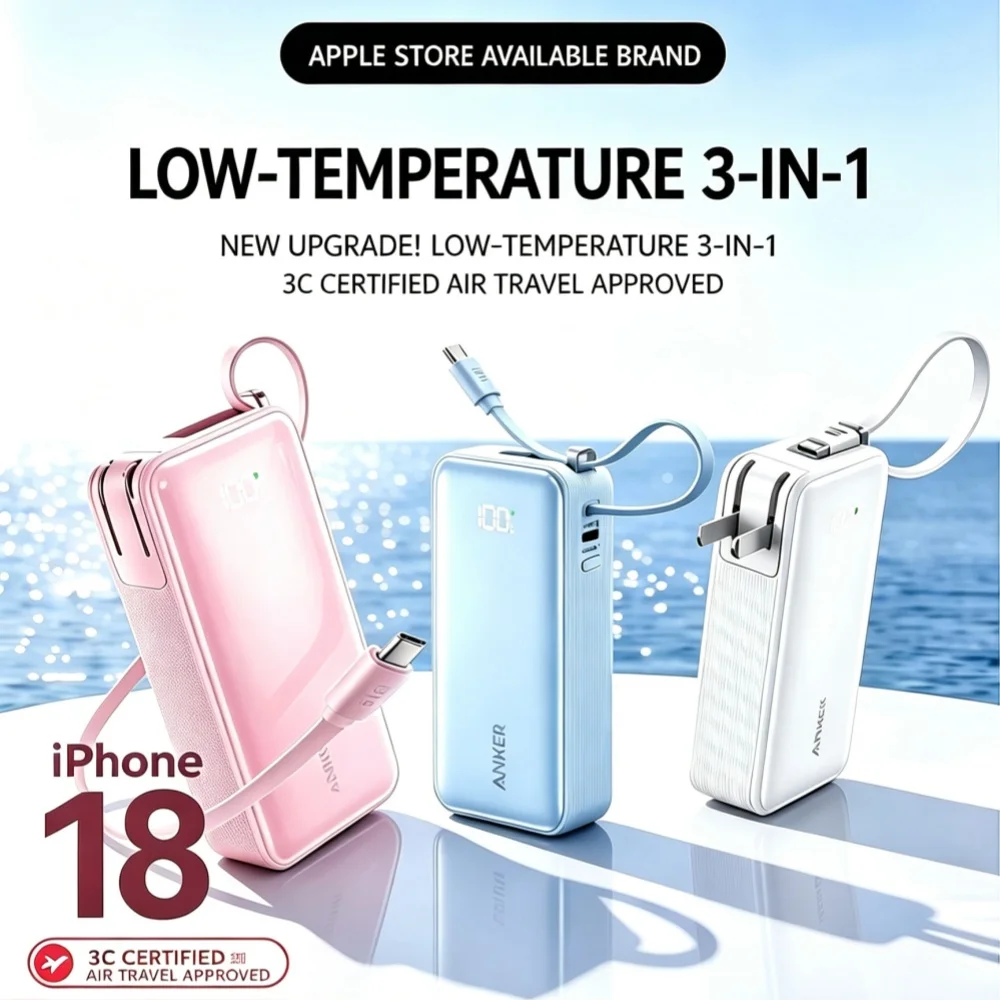 10000mAh for Anker 30W 3‑in‑1 Power Bank Built‑in Cable Folding Plug Portable Travel Charger External Battery for iPhone Android