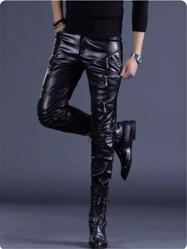 2023 Men's show Leather pants Nightclub bar DS singer Hipster male dj show dress slim pants Punk stud pants