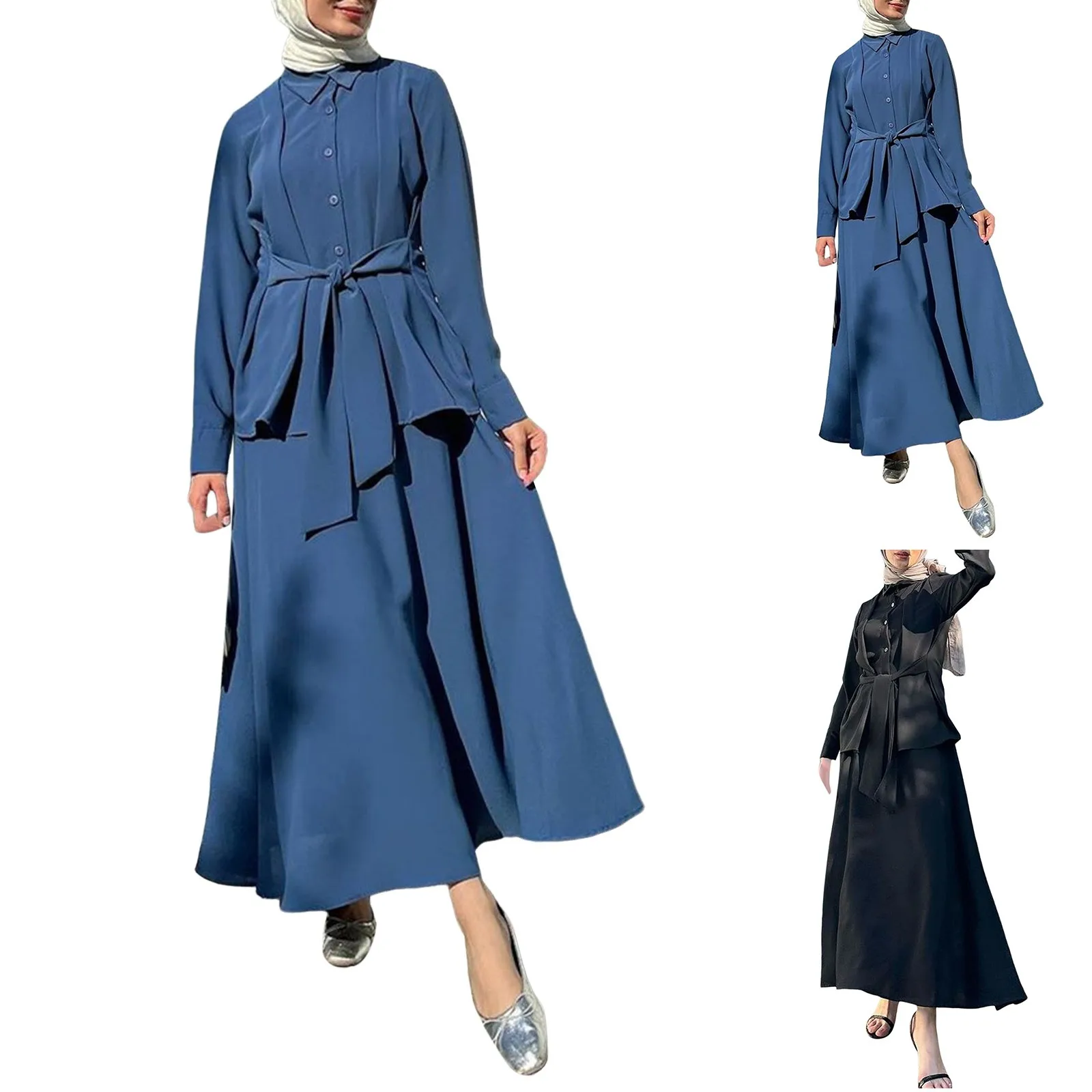 

Elegant Casual Loose Long Dress Solid Color Round Neck Long Sleeves Muslim Dress Kaftan Vacation Abayas For Women Ropa De Mujer