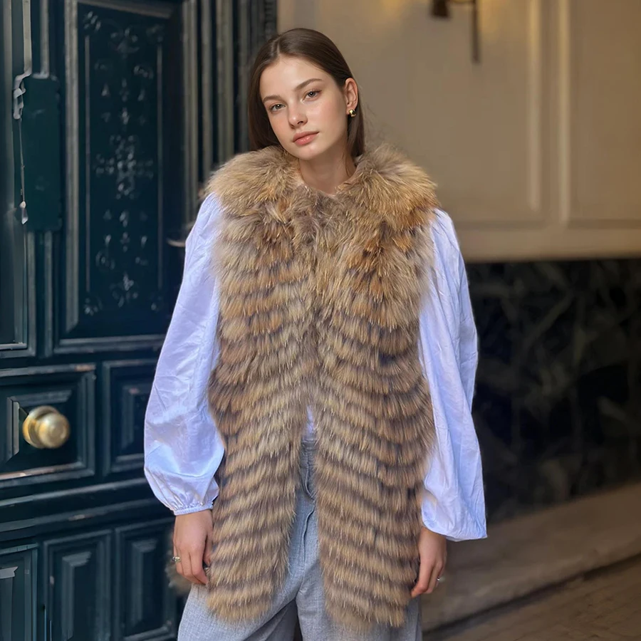 

Жилет из натурального меха енота, длинный жилет из натурального меха, укороченная меховая куртка, новая верхняя одежда, теплый роскошный мех без рукавов для женщин