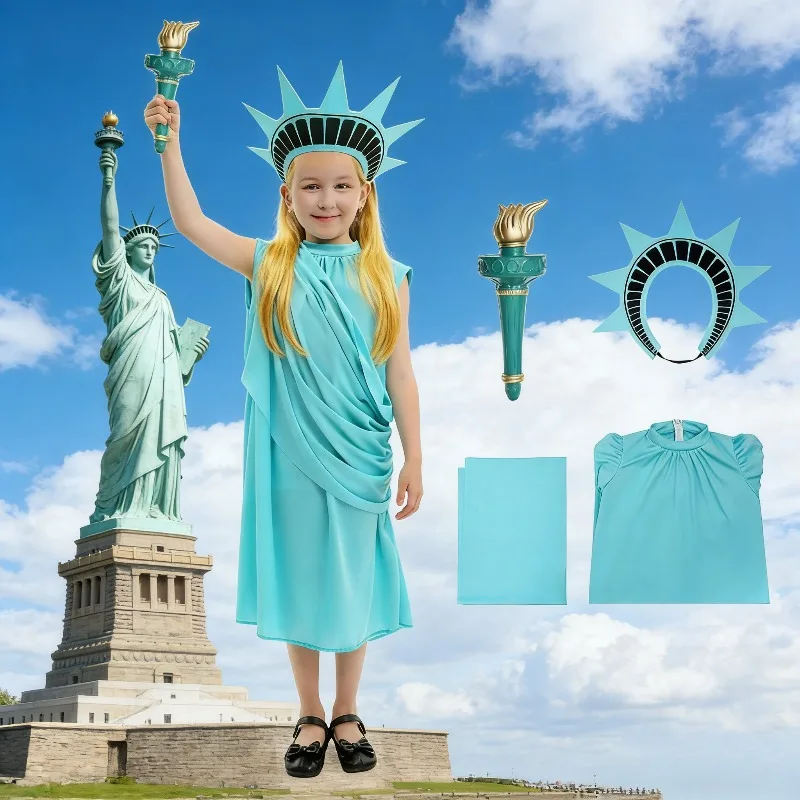 

Детский костюм Статуи Свободы на День независимости, комплект роскошного платья для девочек с короной и накидкой на 4 человека