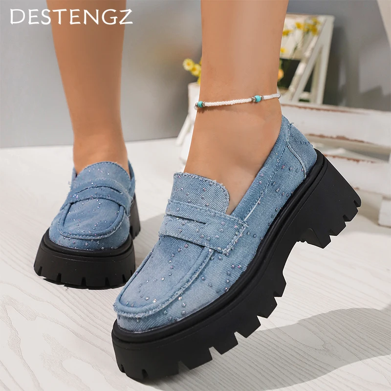 Cowboy Women Loafers Shoes Chunky Fashion Designer Mid Heels Shoes 2024 Autrumn New Brand Walking Pumps Dress Mujer Zapatillas