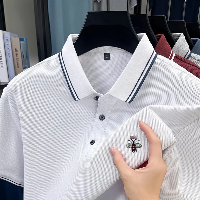 

100% чистый хлопок высококачественная вышивка пчела POLO рубашка летний деловой отдых комфорт легкая тонкая футболка лацкан короткий рукав