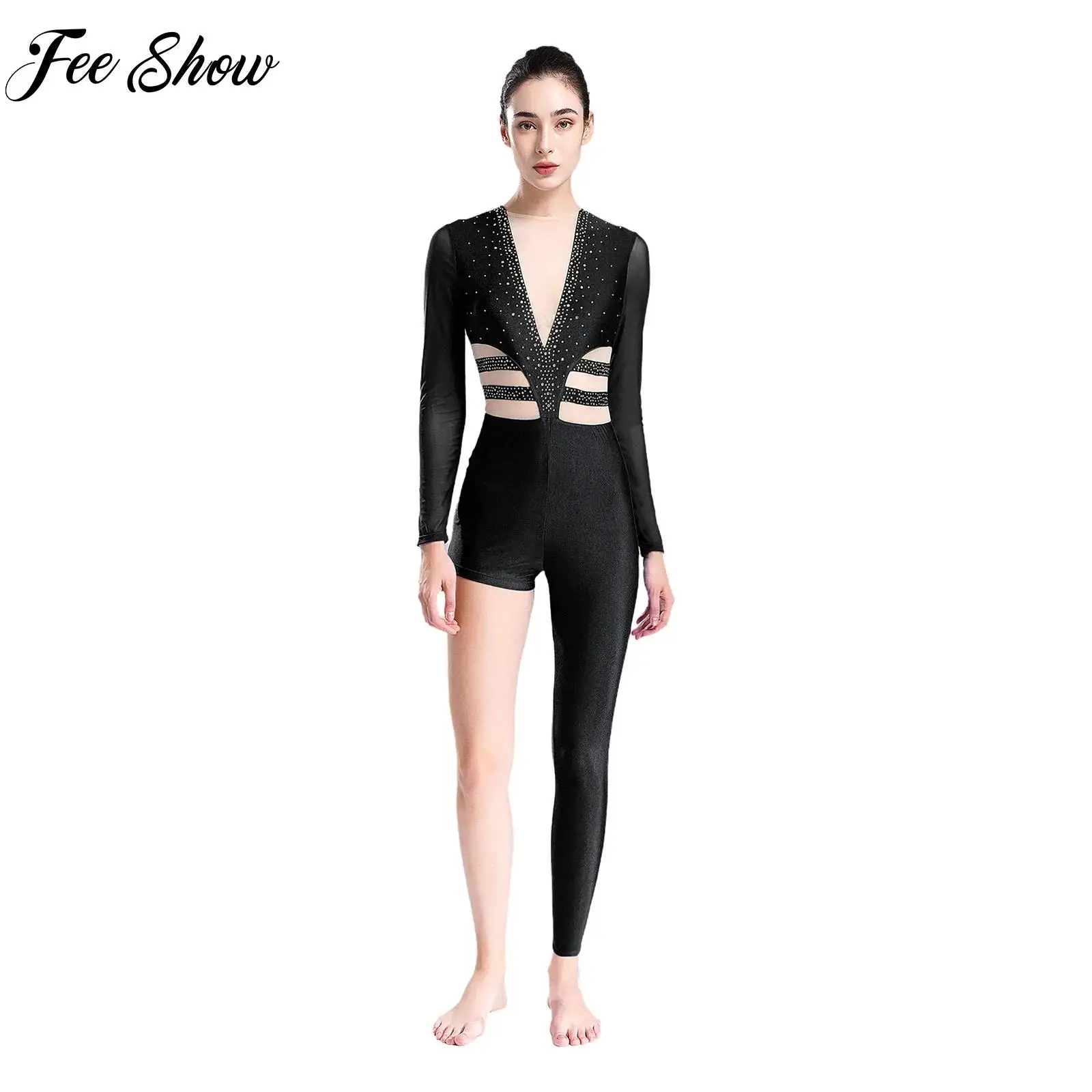 Womens Dance Acrobatics Bodysuit Rhythmic Gymnastics Jumpsuit Asymmetrical Sheer Mesh Long Sleeve Keyhole Back Skating Leotard