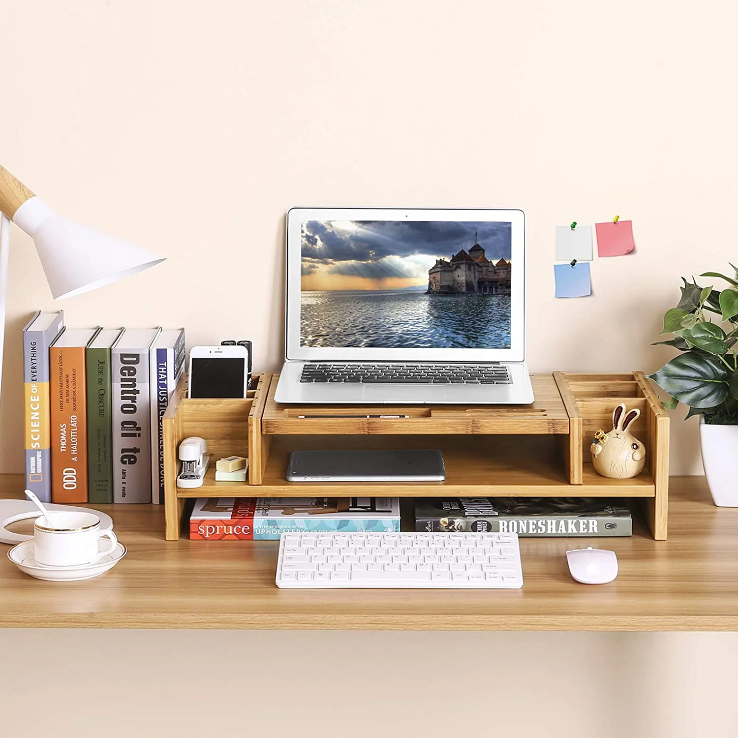 &cNatural Bamboo Computer Riser Desk with 2 Storage Drawers Wood Monitor and Laptop Stand