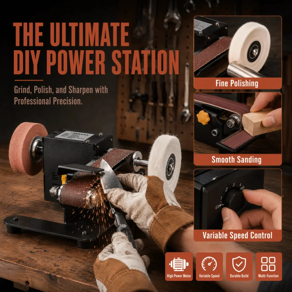 Multi Function Bench Grinder Adjustable Speed Metal Base Mini Electric Polishing Machine Sanding Belts Compact Body