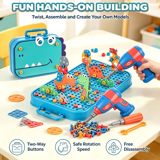 351Pieces Children Tool Set Electric Drill Screw Nut Puzzle Toys Pretend Play Dinosaur Drilling Assembly Educational Toy Boy 4