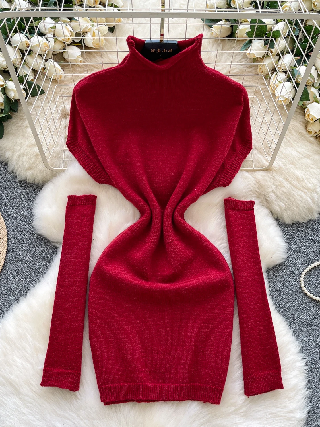 Ele Knitted Slim Fit High Collar Wrap around Skirt Dr for Women Autumn Season Ci Commute A-Line Silhouette Long Sve