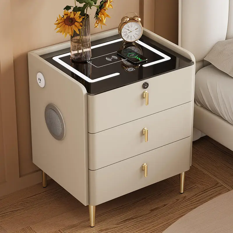 منضدة ذكية بيضاء، طاولة بجانب السرير خشبية مع وظيفة شحن لاسلكية وقفل بصمة الإصبع وخزانة بجانب السرير #1