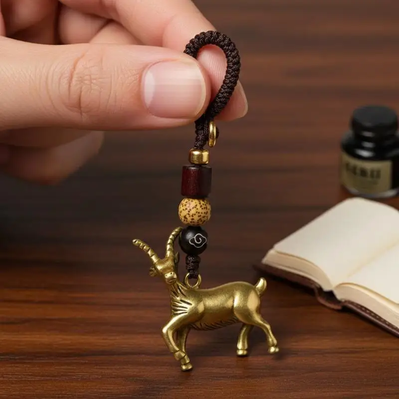 Messing-Ziegenschlüsselanhänger, antikes Kupfer, Tierkreiszeichen-Schaf, Autoschlüsselanhänger, Mini-Figuren, Accessoire, Ornament – Detail 2