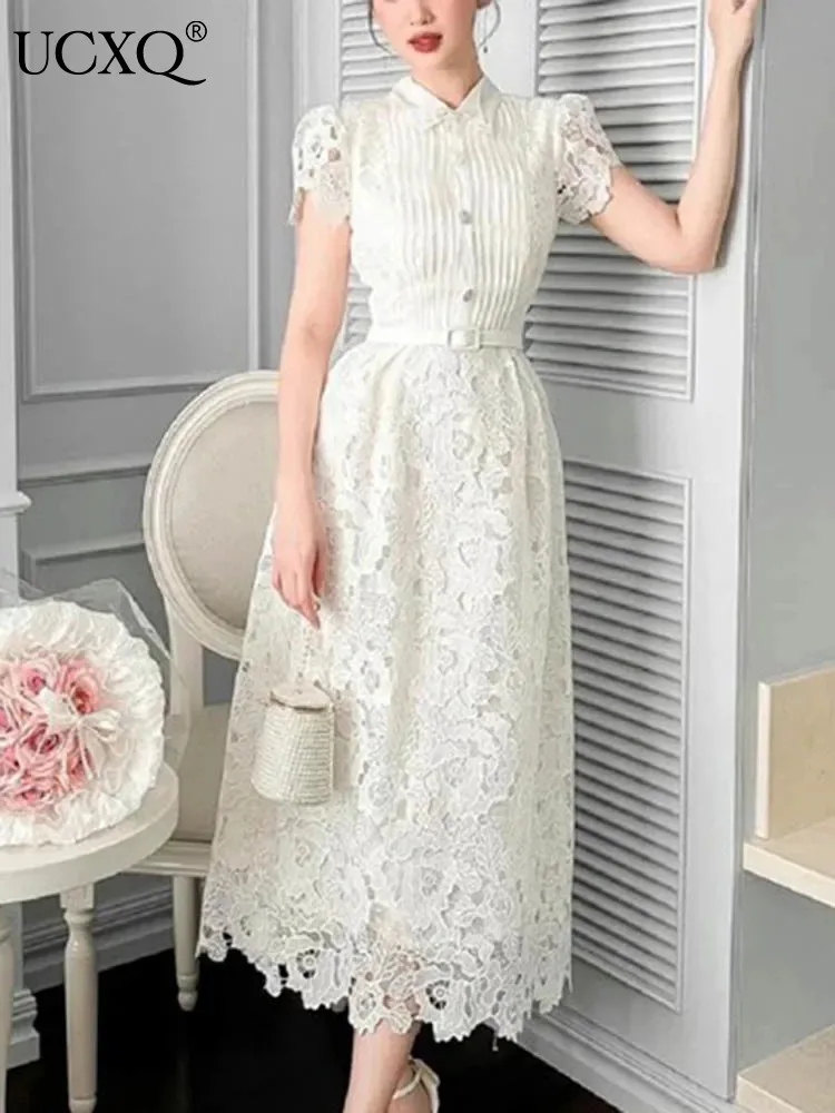 

UCXQ Elegant Lapel Lace Embroidered Hollow Short Sleeve Dress Fashion White Patchwork Long Dresses Women 2024 Spring Summer 7901