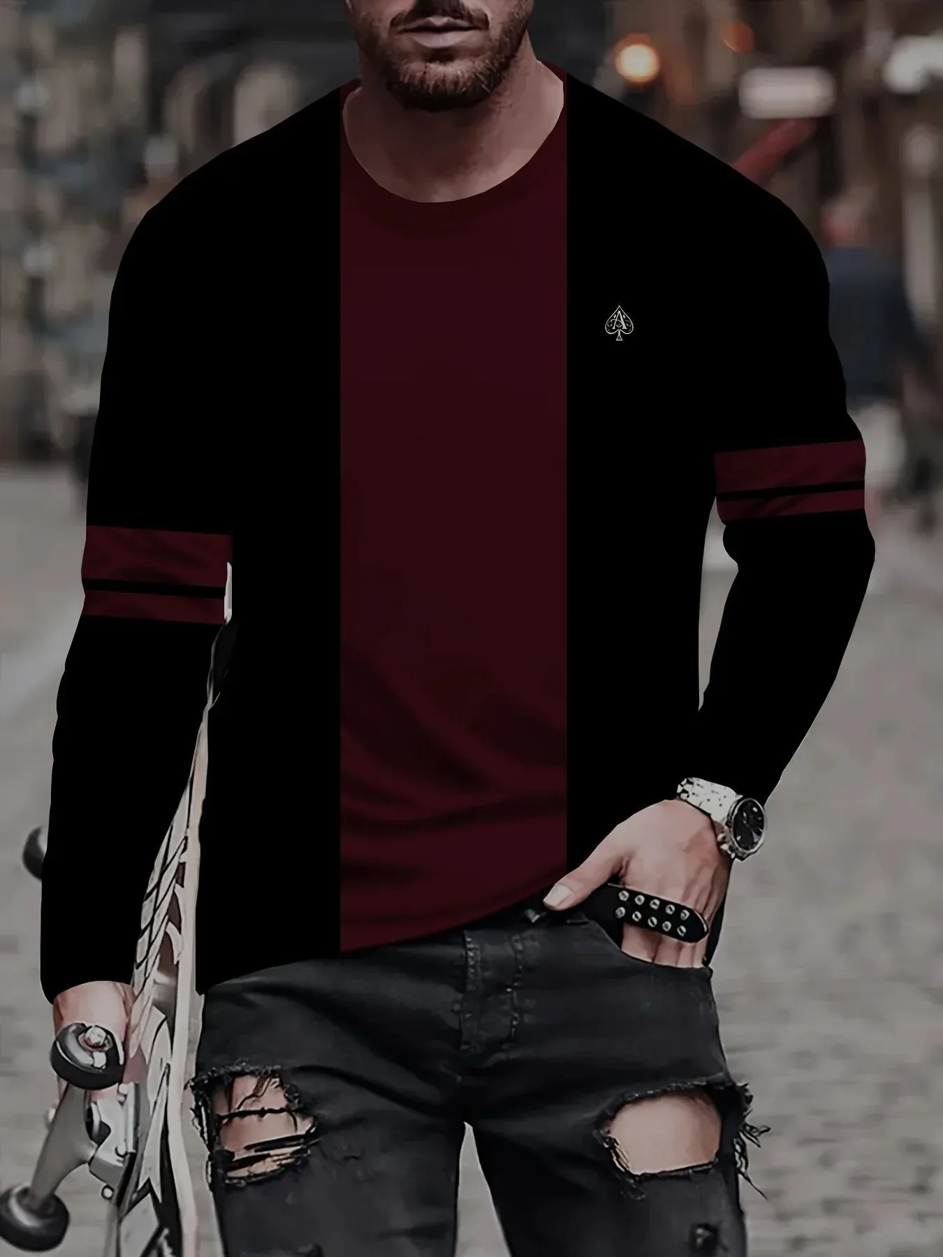 تي شيرت رجالي جديد بأكمام طويلة لربيع وخريف 2025 كاجوال عصري ومريح مع طباعة نمط ثلاثي الأبعاد #3