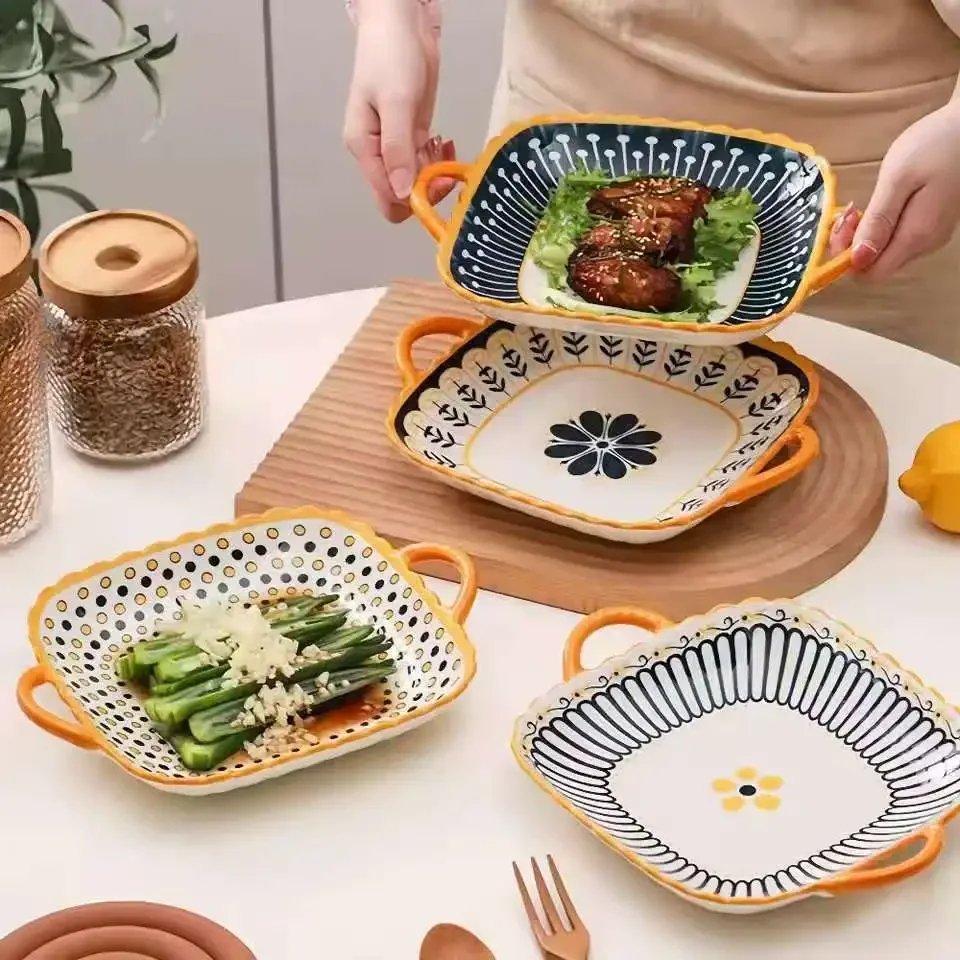 4 pcs ceramic 8-inch discs, Japanese dining table serving plates, relief craft salad pasta plates