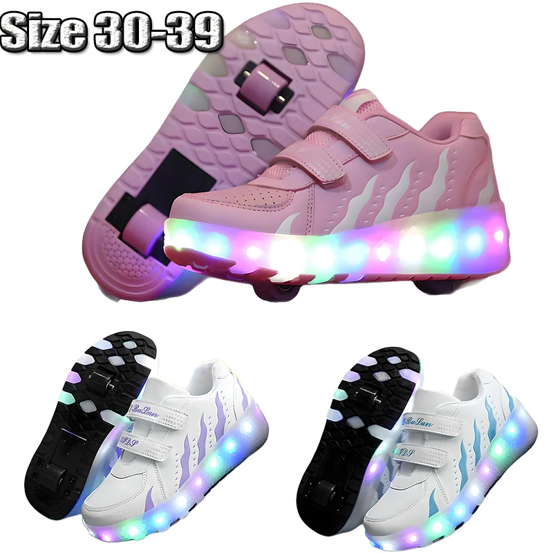 Child Boy Girl 2 Wheels Roller Skate Shoes Flash Sneakers Deformation Parkour Runaway Kids Outdoor Indoor Breathable Shoes Gift