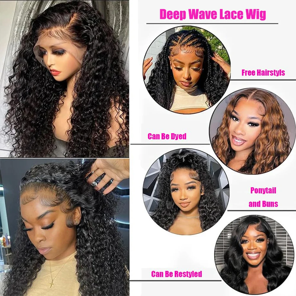 Tiefe lockige Welle 13 x 4 HD transparente Spitze-Frontal-Echthaar-Perücken 200 Dichte natürliche schwarze Wasserwelle Lace-Front-Perücke Echthaar