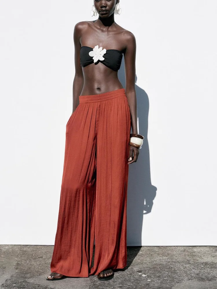 

Женские брюки с высокой талией, широкими штанинами и эластичной резинкой на талии, удобные повседневные брюки больших размеров из полиэфирного волокна, весна-осень