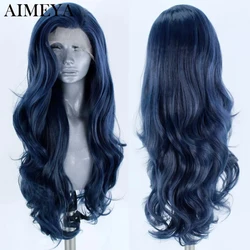 AIMEYA-peluca frontal de encaje sintético para mujer, cabellera de fibra resistente al calor, color azul oscuro, para Cosplay