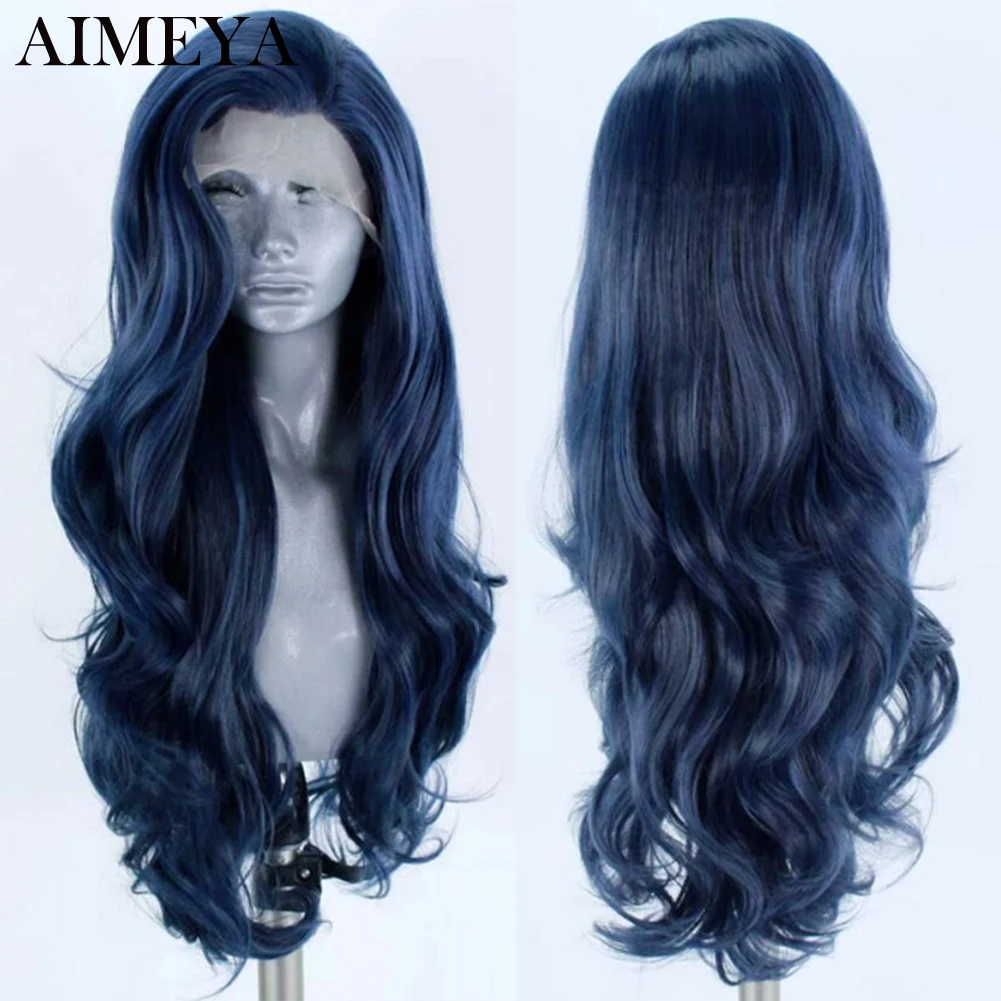 AIMEYA Body Wave Synthetic Lace Front Wig Dark Blue Peruki dla kobiet Heat Resistant Fiber Cosplay Wig Synthetic Lace Wig Baby Hair