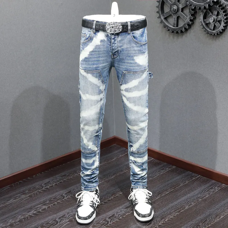 

High Street Fashion Men's Light Blue Jeans Retro Elastic Slimming Ripple Jeans Large Pocket Splicing Designer Pants Hombre