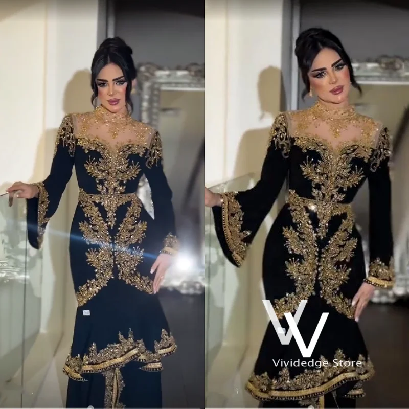 Luxury Black Gold Embroidery Evening Dress High Neck Sheer Slit Mermaid Gown Luxury Dubai Wedding Formal Party Dress Customized