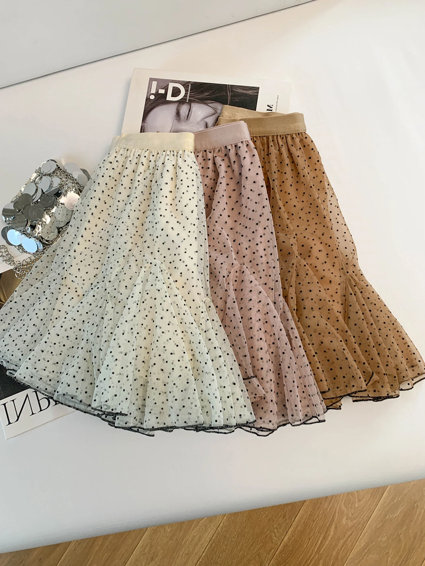 ピンクバレエドットメッシュハーフスカート女性のaラインフレアショートスカートハイウエスト痩身夏2026韓国スタイル通勤