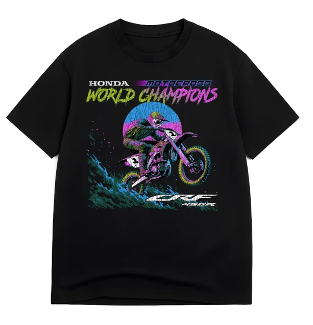 

Honda Men's Black Pro Motocross World Champion T-Shirt Summer Streetwear Earth Graphics Racing Tour Daily Casual