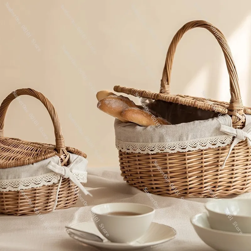 Rustic Wicker Picnic Basket with Lid Insulated Lining Handwoven Willow Storage Tote Portable Outdoor Spring Outing Food view 5
