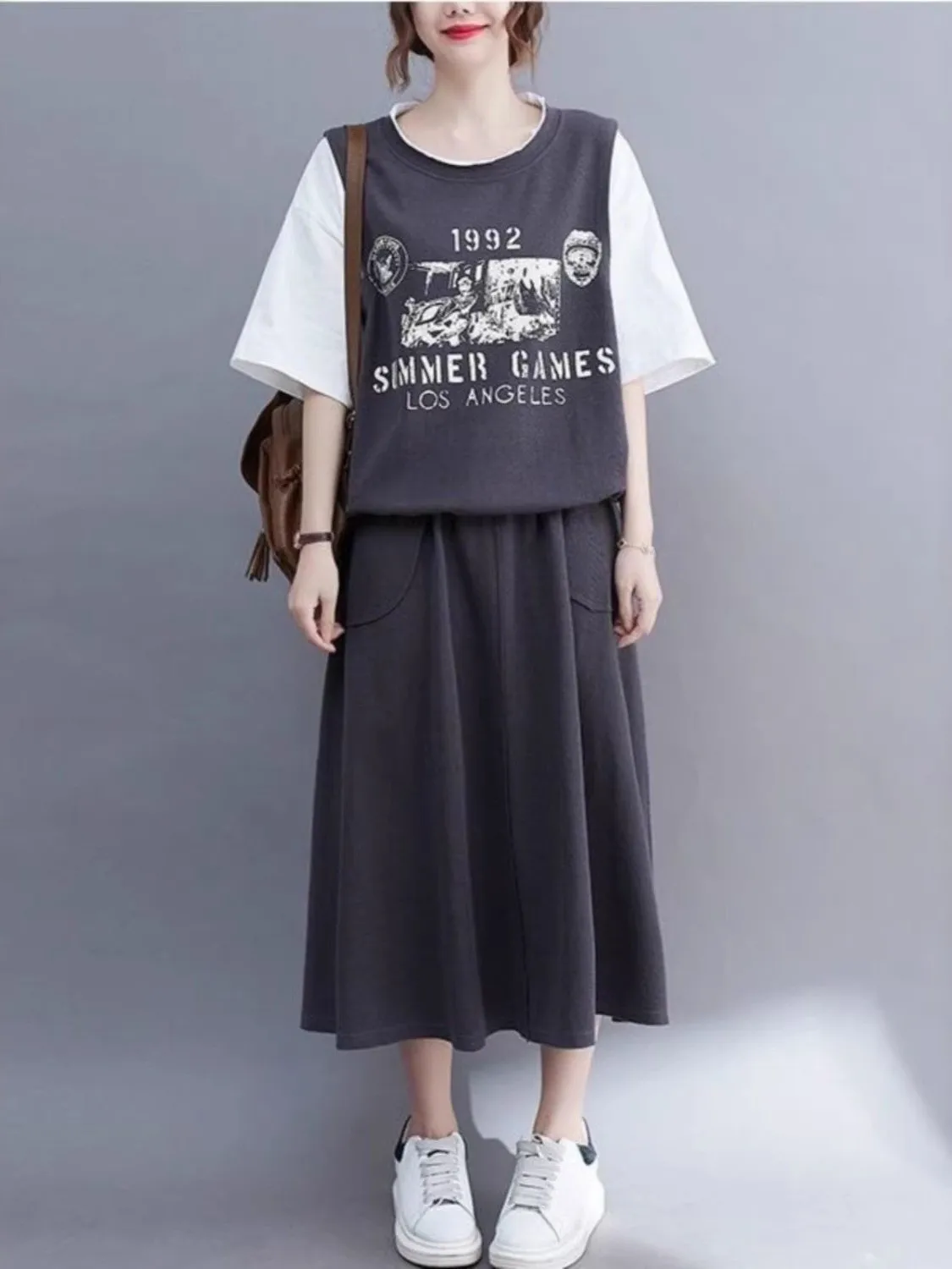 

plus Size Women's Casual Sport Two-Piece Set High Waist Midi Skirt And Color Block Top Slimming Effect Summer Outfit