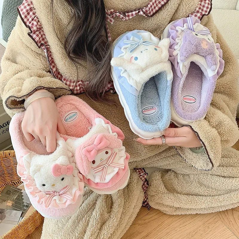 Sanrio Slippers Hello Kitty Cute Student Autumn Winter Bedroom Home Casual Soft Padded Plush Bedroom Aldult Shoes Girls