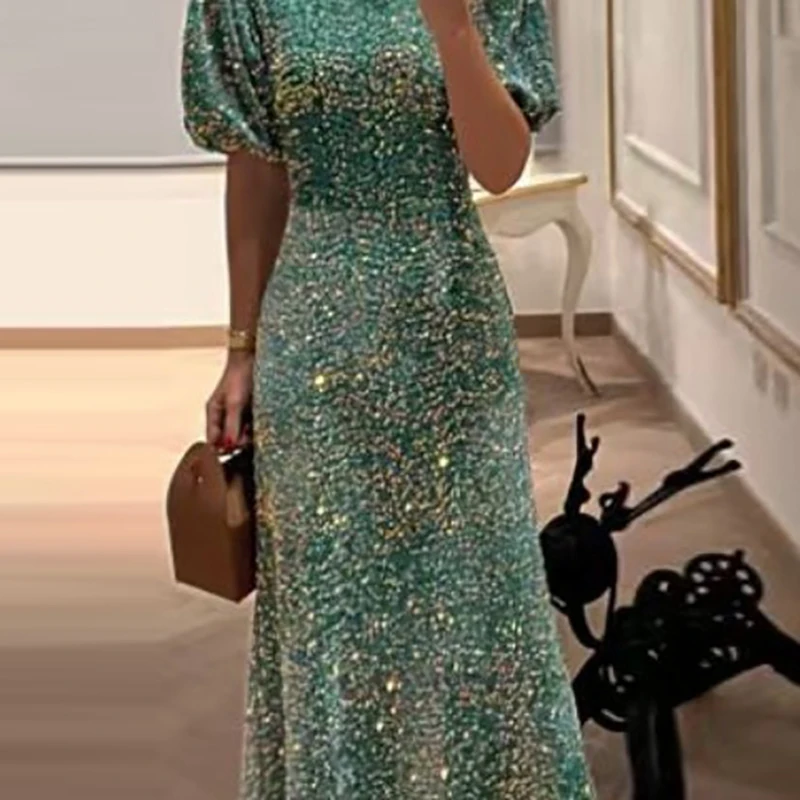 2024 New Lady Temperament Slim Banquet Dress Fashion Shiny Sequin Long Dress Casual O-neck Short Sleeved High Waist Dress Mujer