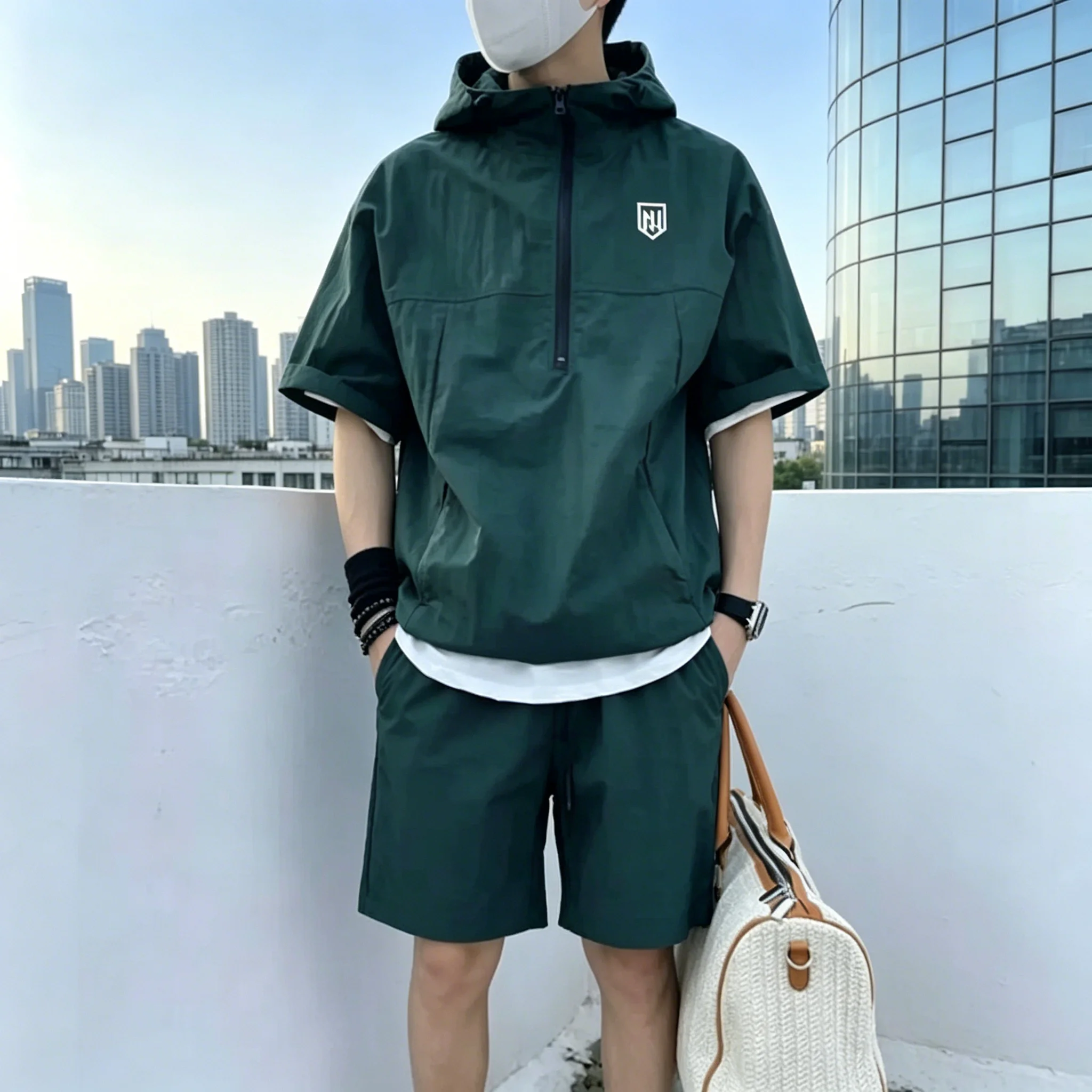 High Quality Men's Hooded Zipped Golf Short-sleeved Top + Shorts Two-piece Set Summer Casual Loose Tops Golf Suit Golf Clothing